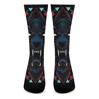 Dark Geometric Wolf Print Crew Socks