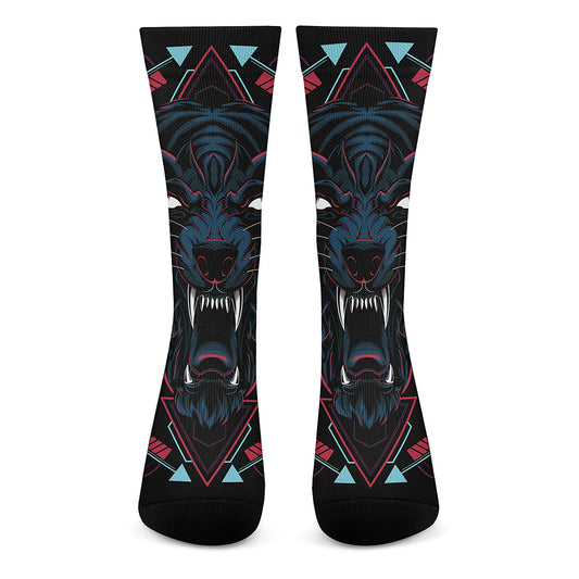 Dark Geometric Wolf Print Crew Socks