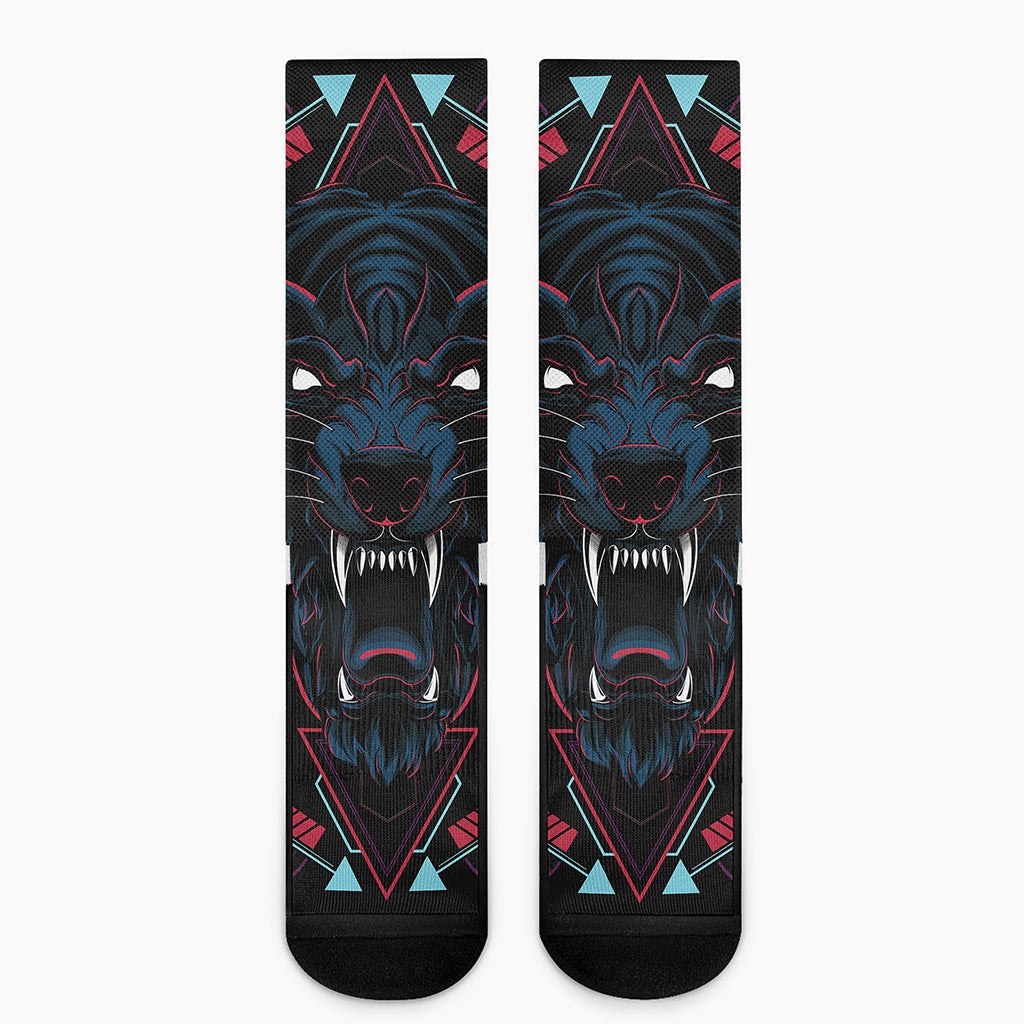 Dark Geometric Wolf Print Crew Socks