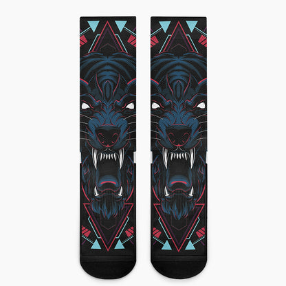 Dark Geometric Wolf Print Crew Socks