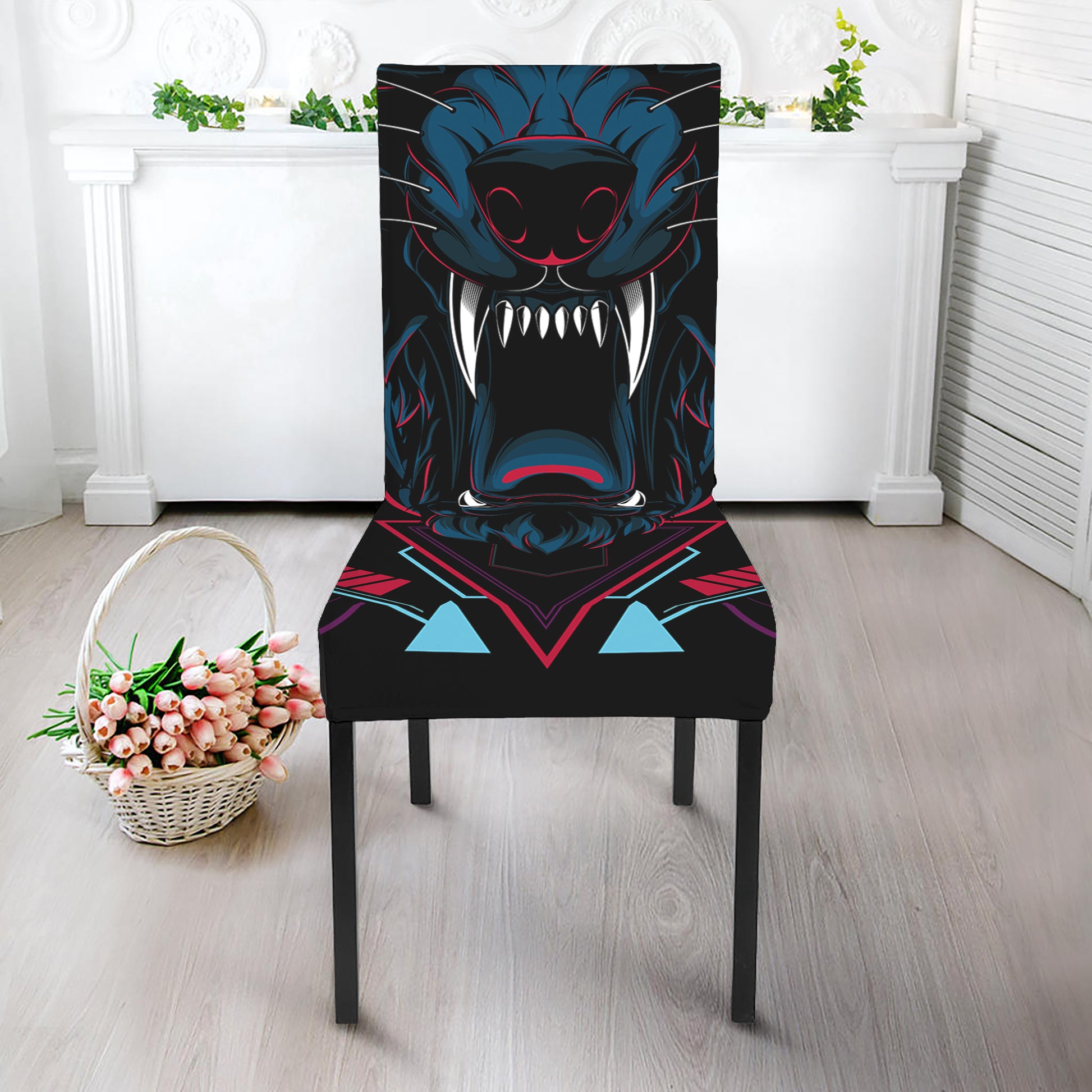 Dark Geometric Wolf Print Dining Chair Slipcover
