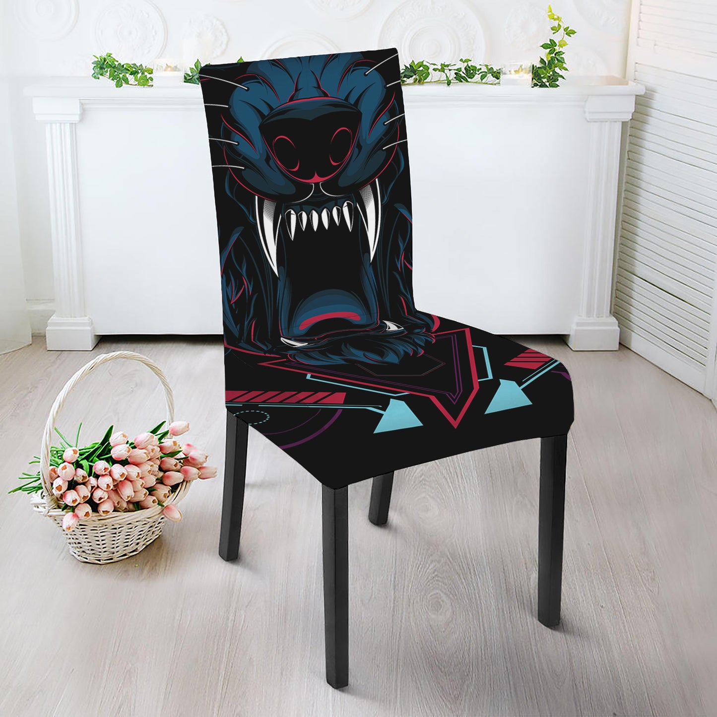 Dark Geometric Wolf Print Dining Chair Slipcover