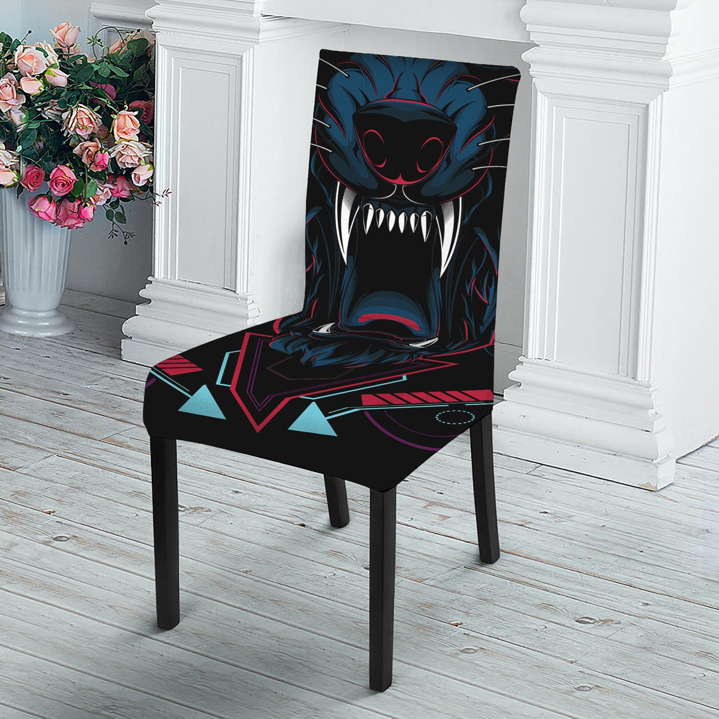Dark Geometric Wolf Print Dining Chair Slipcover