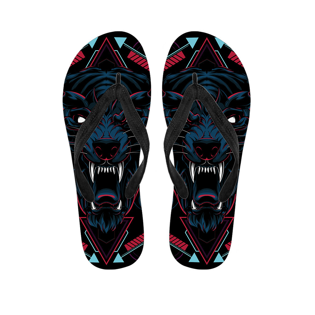 Dark Geometric Wolf Print Flip Flops