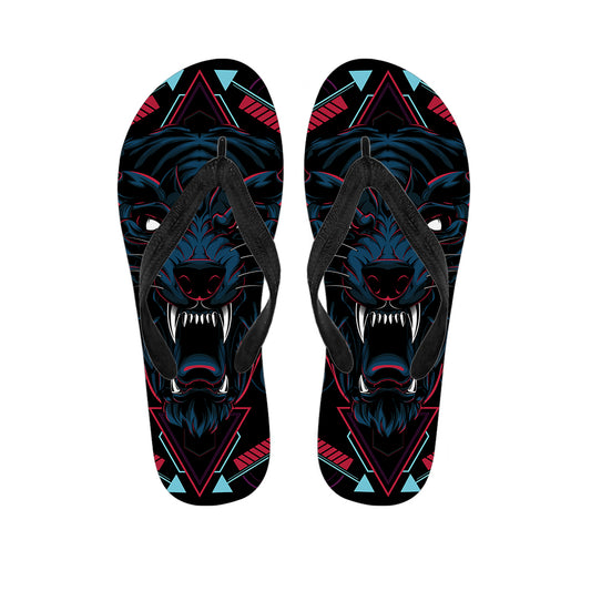 Dark Geometric Wolf Print Flip Flops