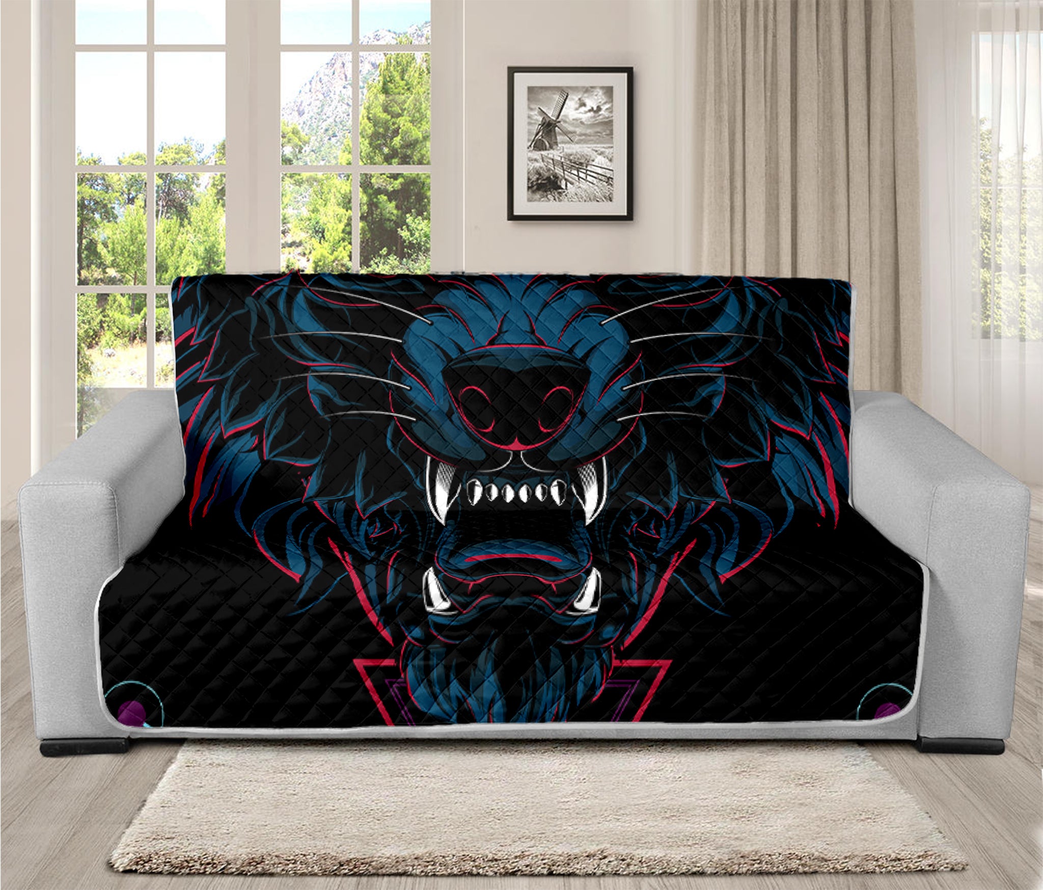 Dark Geometric Wolf Print Futon Protector