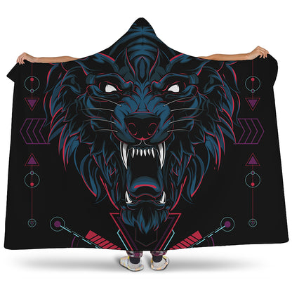 Dark Geometric Wolf Print Hooded Blanket