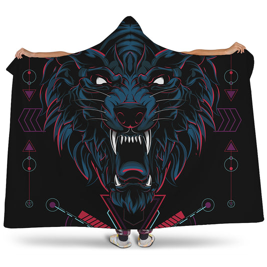 Dark Geometric Wolf Print Hooded Blanket
