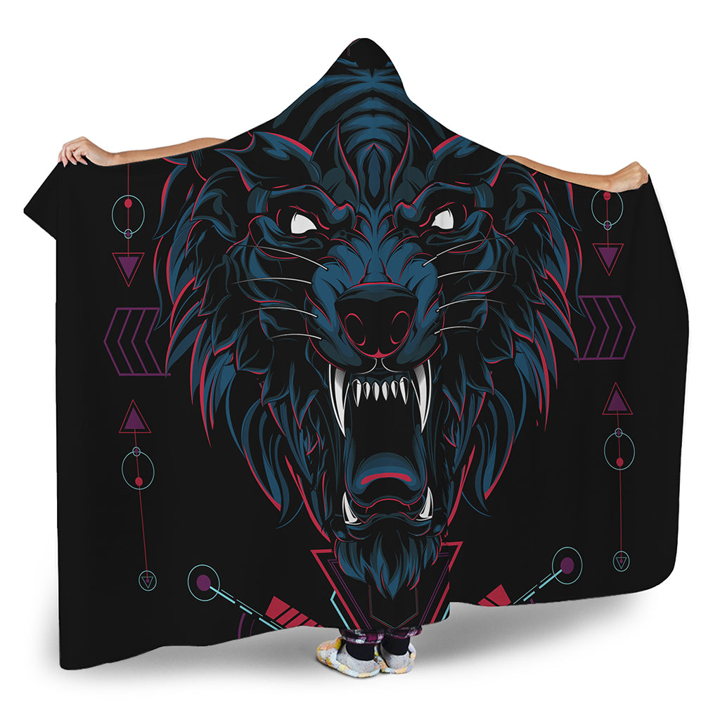 Dark Geometric Wolf Print Hooded Blanket