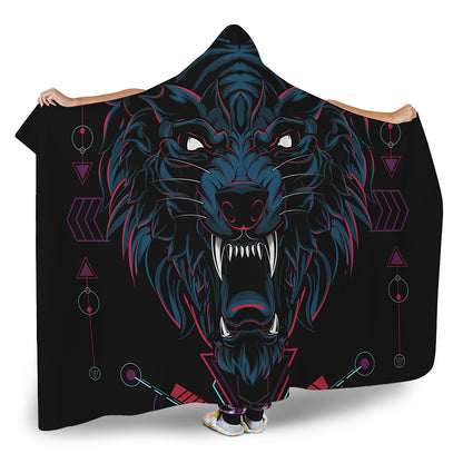 Dark Geometric Wolf Print Hooded Blanket