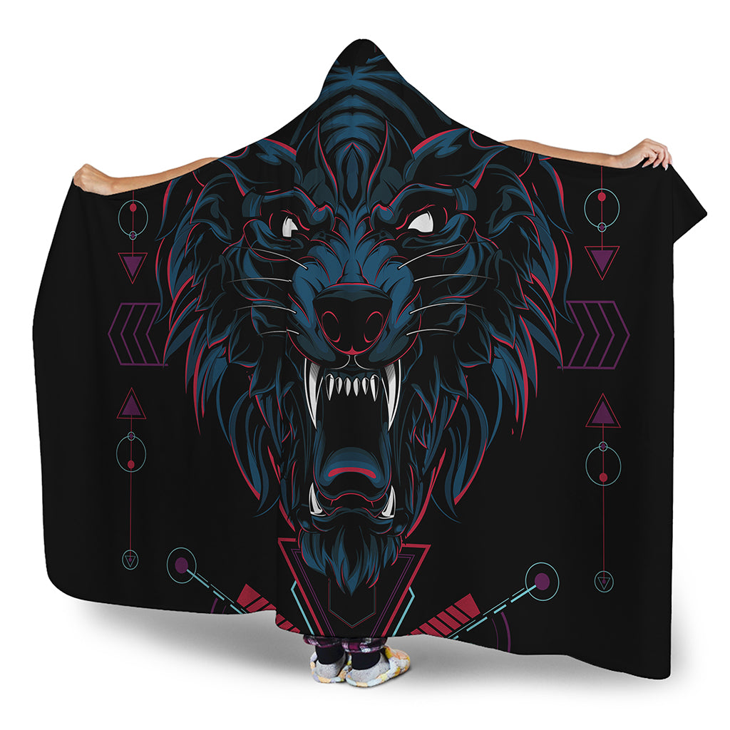 Dark Geometric Wolf Print Hooded Blanket