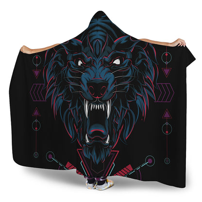 Dark Geometric Wolf Print Hooded Blanket