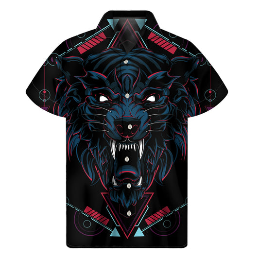 Dark Geometric Wolf Print Men's Short Sleeve Shirt