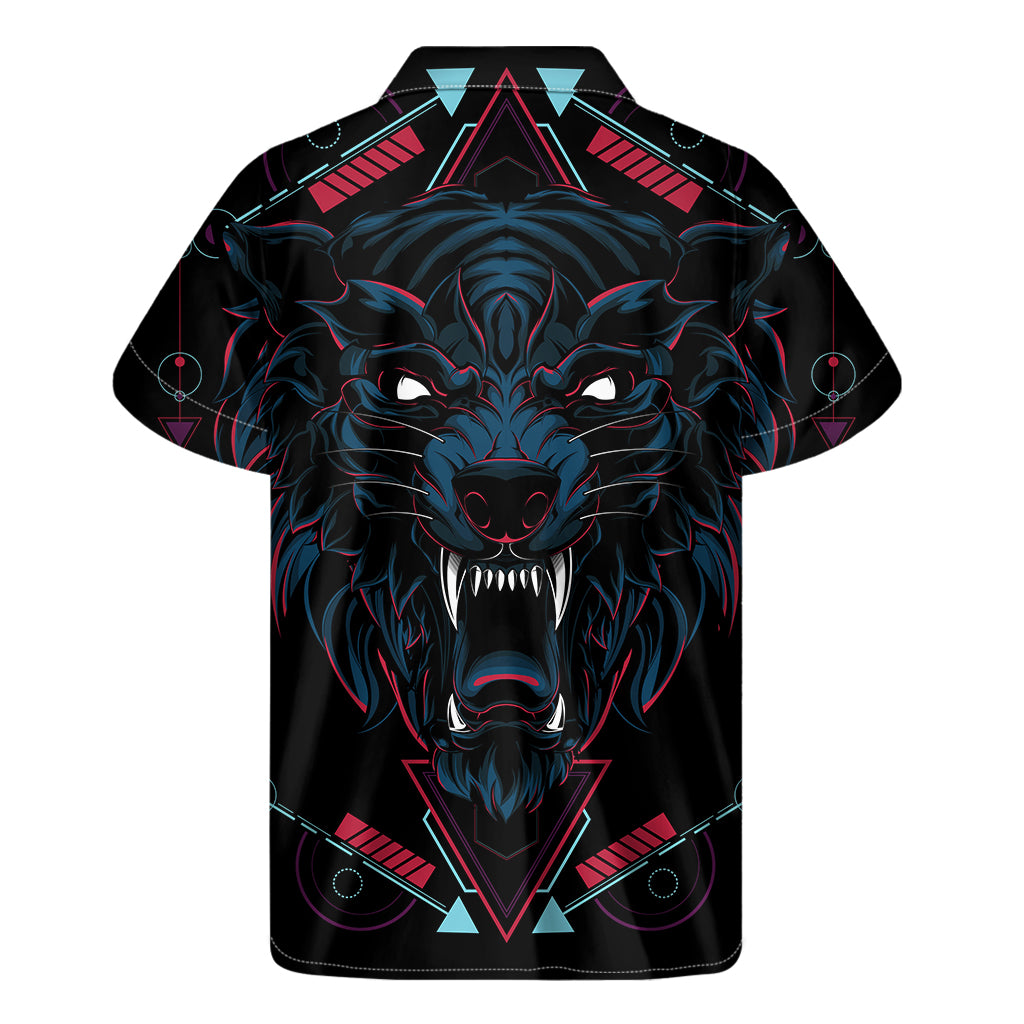 Dark Geometric Wolf Print Men's Short Sleeve Shirt