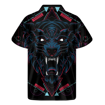 Dark Geometric Wolf Print Men's Short Sleeve Shirt