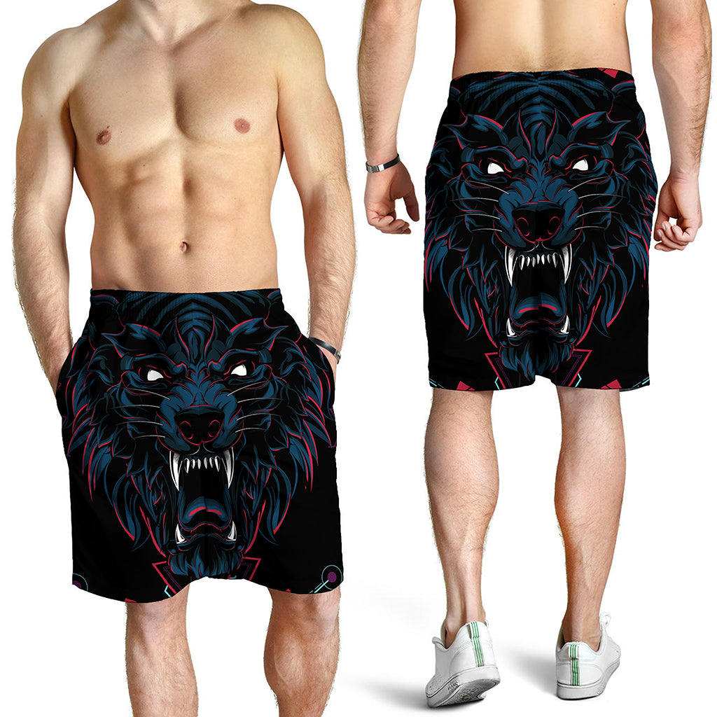 Dark Geometric Wolf Print Men's Shorts