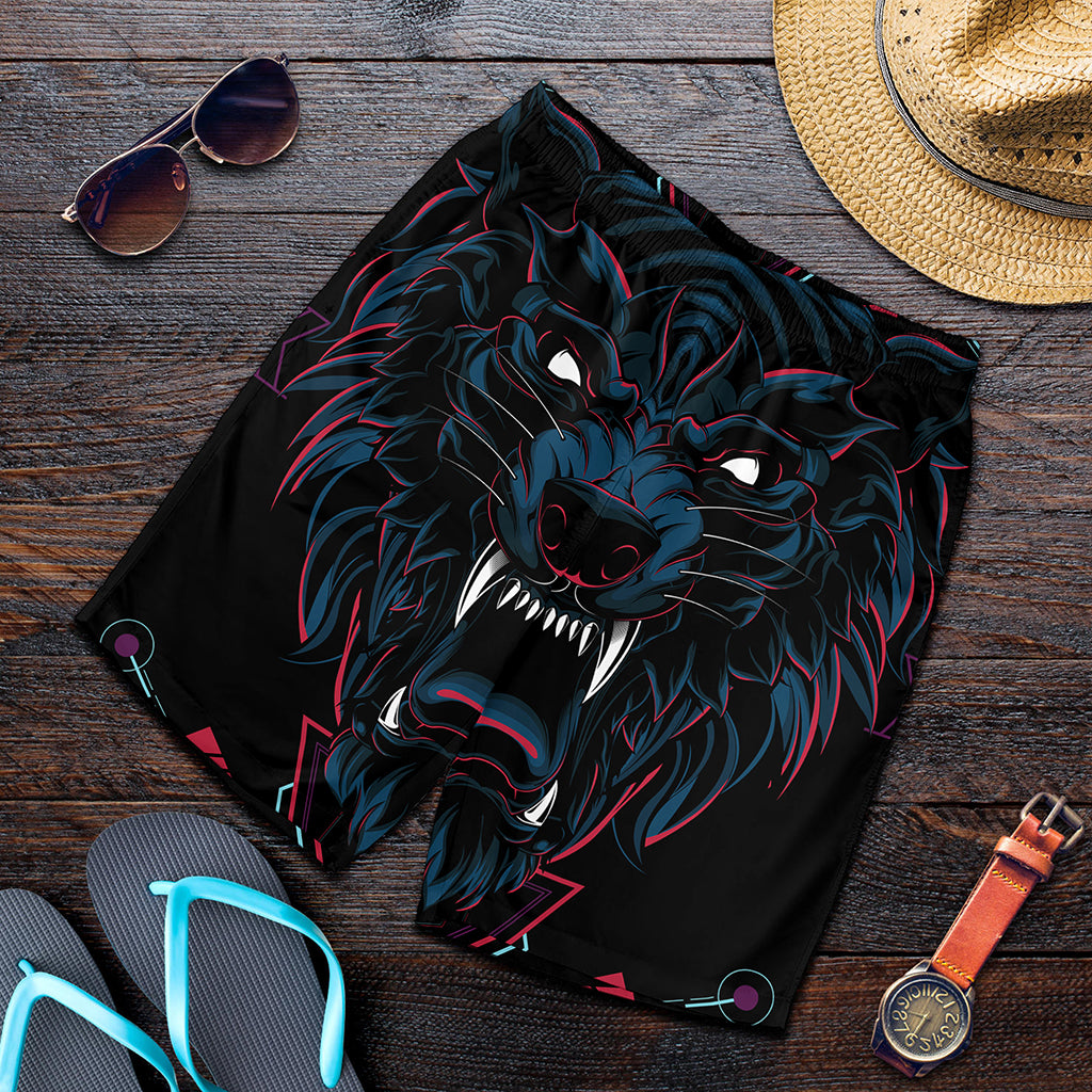 Dark Geometric Wolf Print Men's Shorts