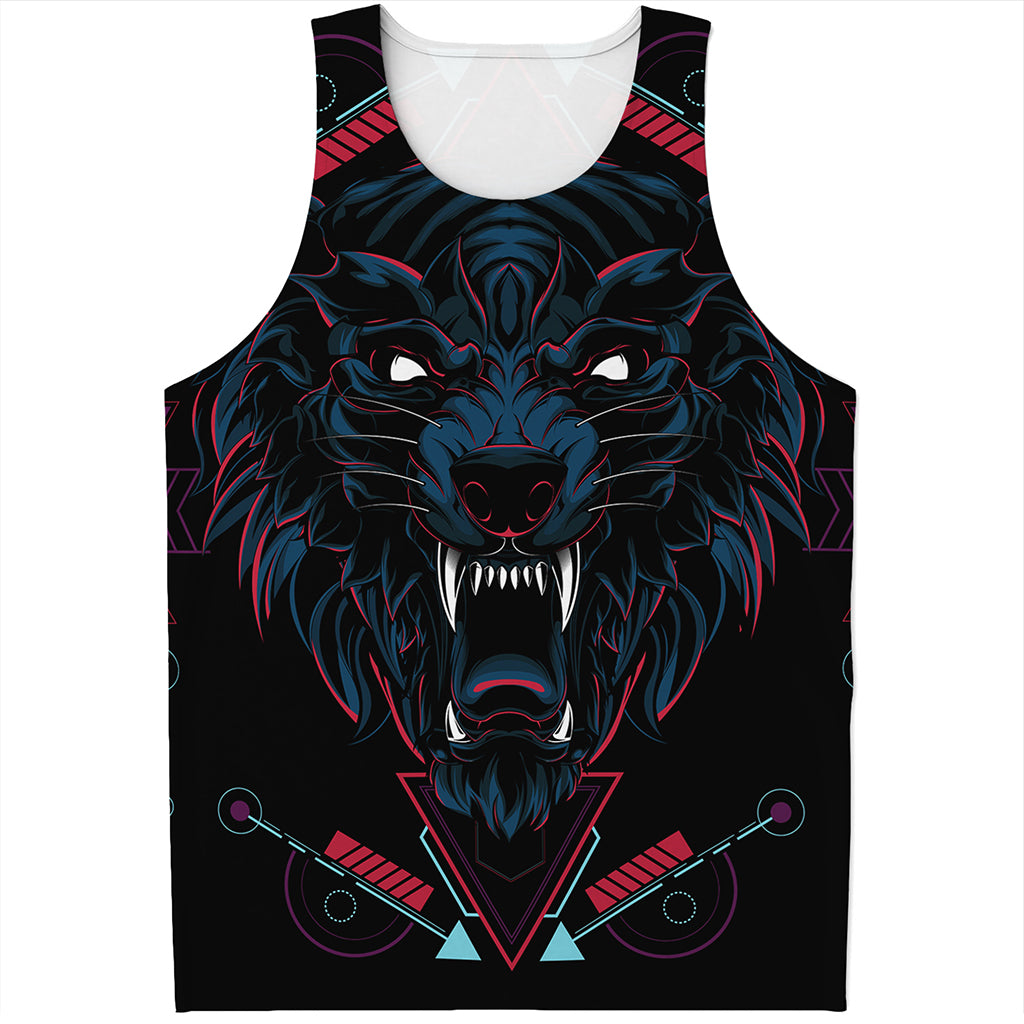 Dark Geometric Wolf Print Men's Tank Top