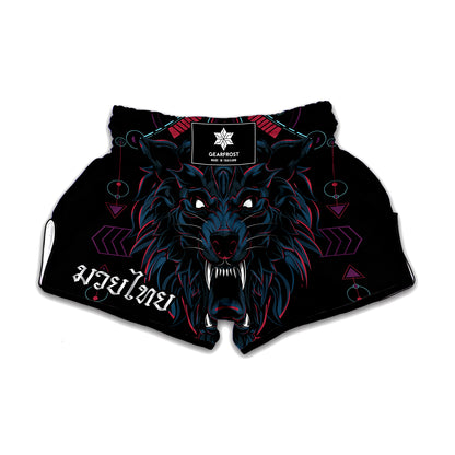 Dark Geometric Wolf Print Muay Thai Boxing Shorts
