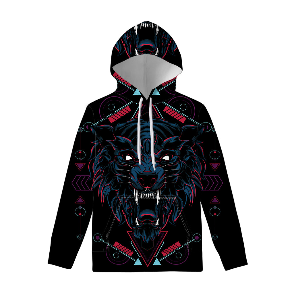 Dark Geometric Wolf Print Pullover Hoodie