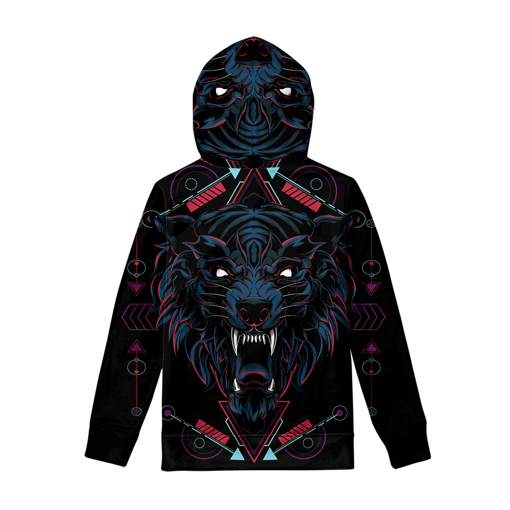 Dark Geometric Wolf Print Pullover Hoodie