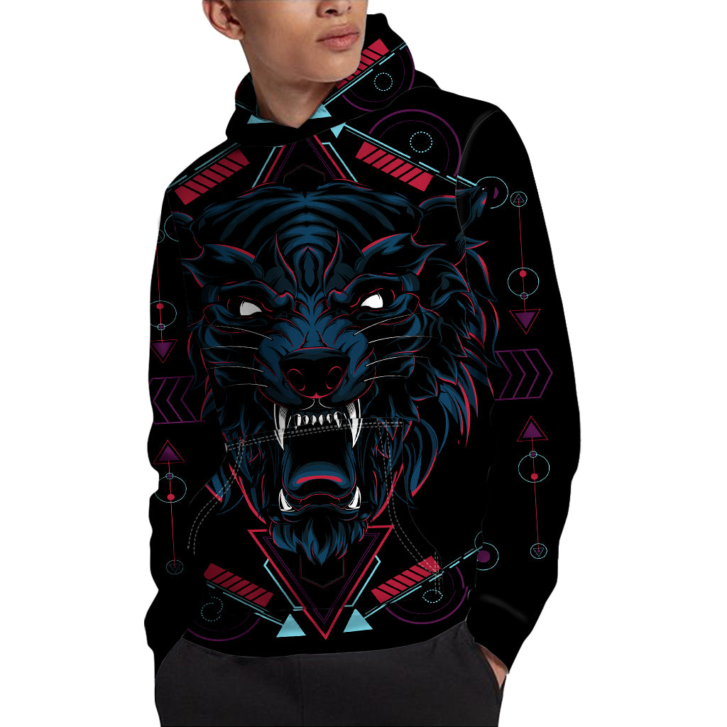 Dark Geometric Wolf Print Pullover Hoodie