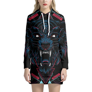 Dark Geometric Wolf Print Pullover Hoodie Dress