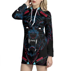 Dark Geometric Wolf Print Pullover Hoodie Dress