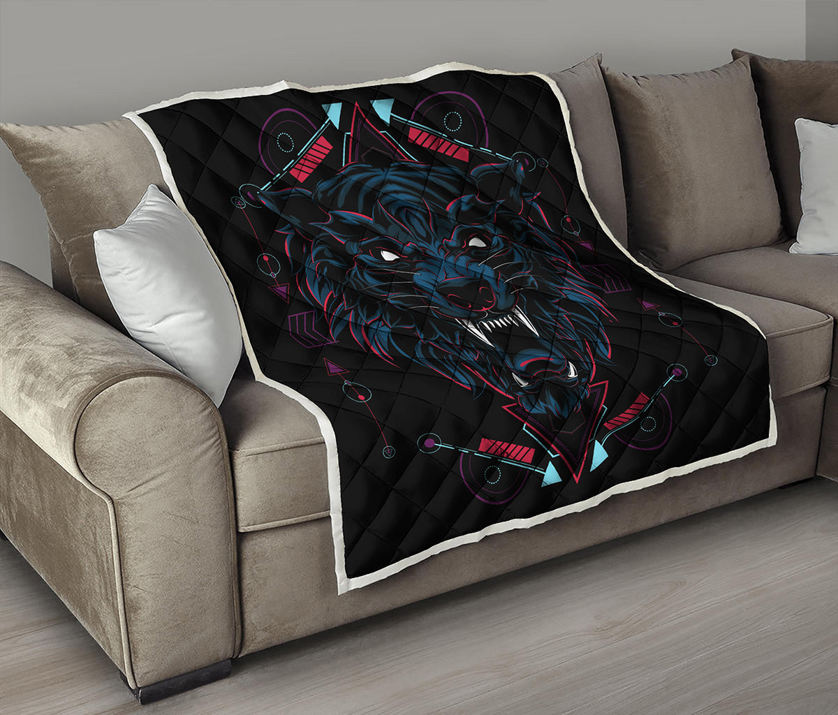 Dark Geometric Wolf Print Quilt