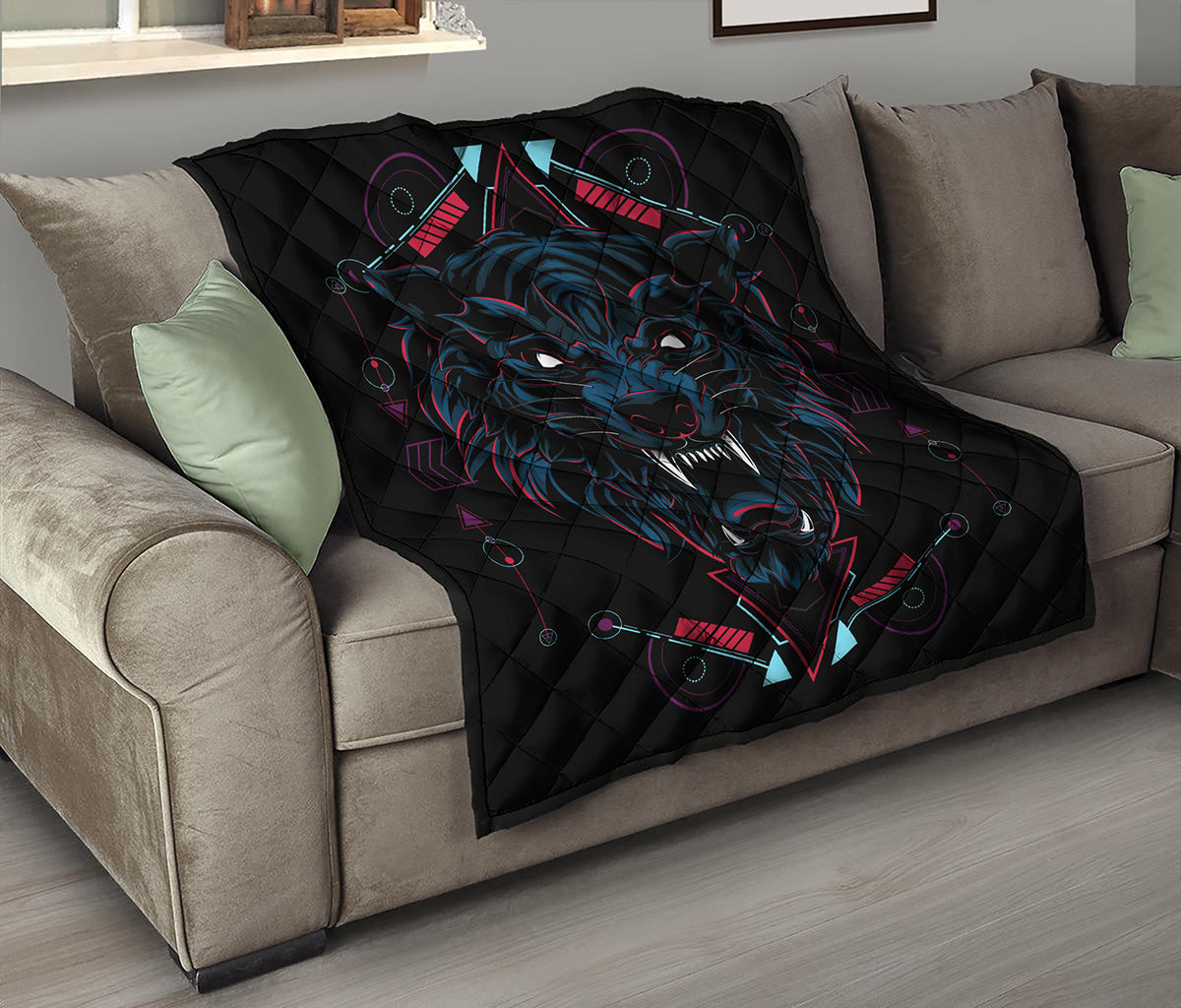 Dark Geometric Wolf Print Quilt