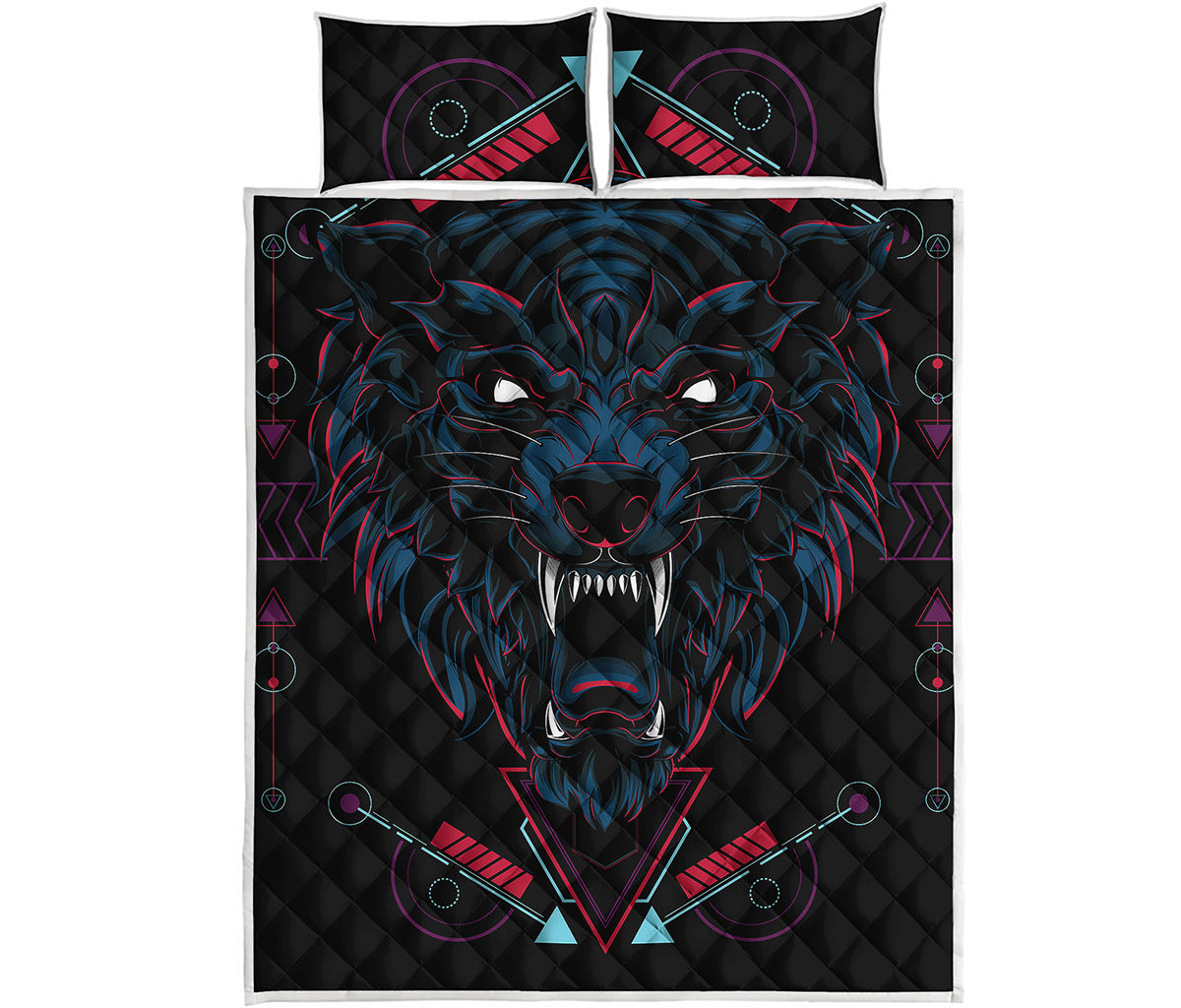 Dark Geometric Wolf Print Quilt Bed Set