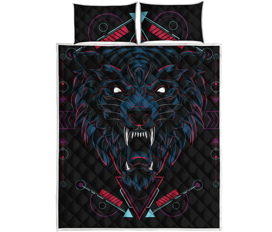 Dark Geometric Wolf Print Quilt Bed Set