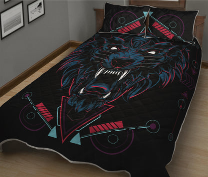 Dark Geometric Wolf Print Quilt Bed Set