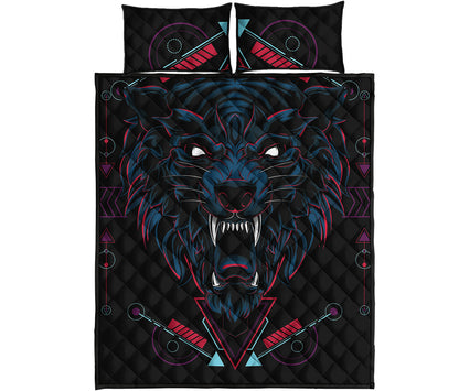 Dark Geometric Wolf Print Quilt Bed Set