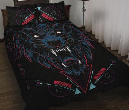 Dark Geometric Wolf Print Quilt Bed Set