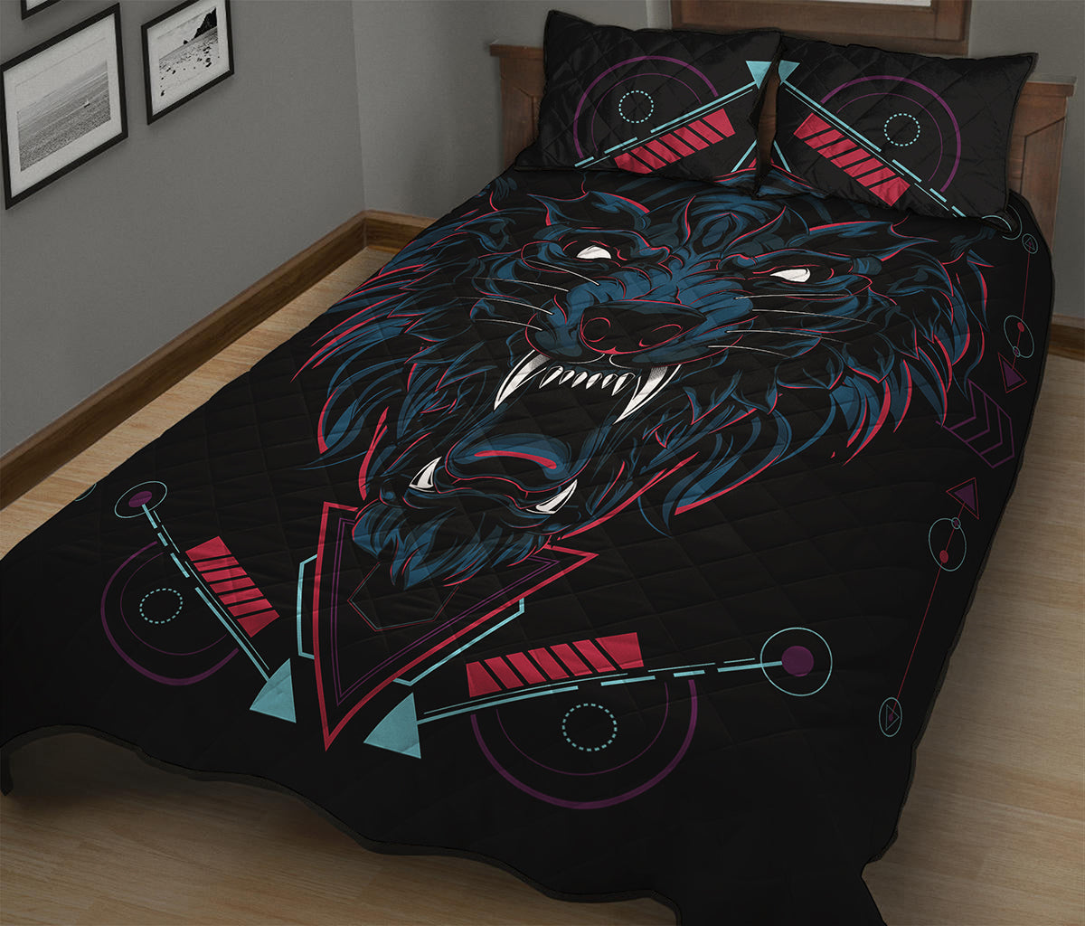 Dark Geometric Wolf Print Quilt Bed Set