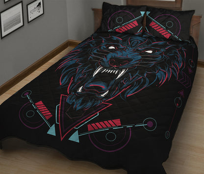 Dark Geometric Wolf Print Quilt Bed Set