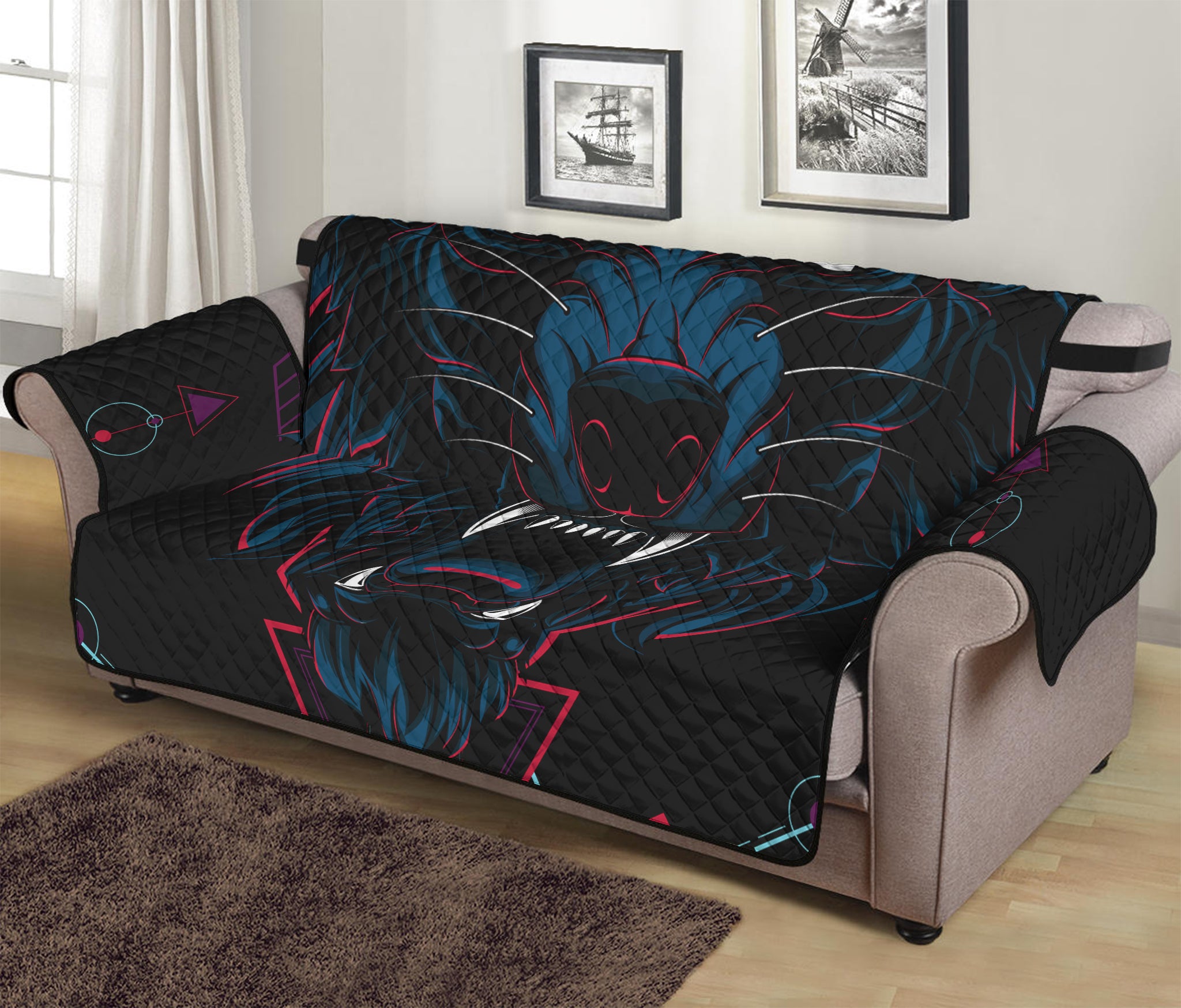 Dark Geometric Wolf Print Sofa Protector