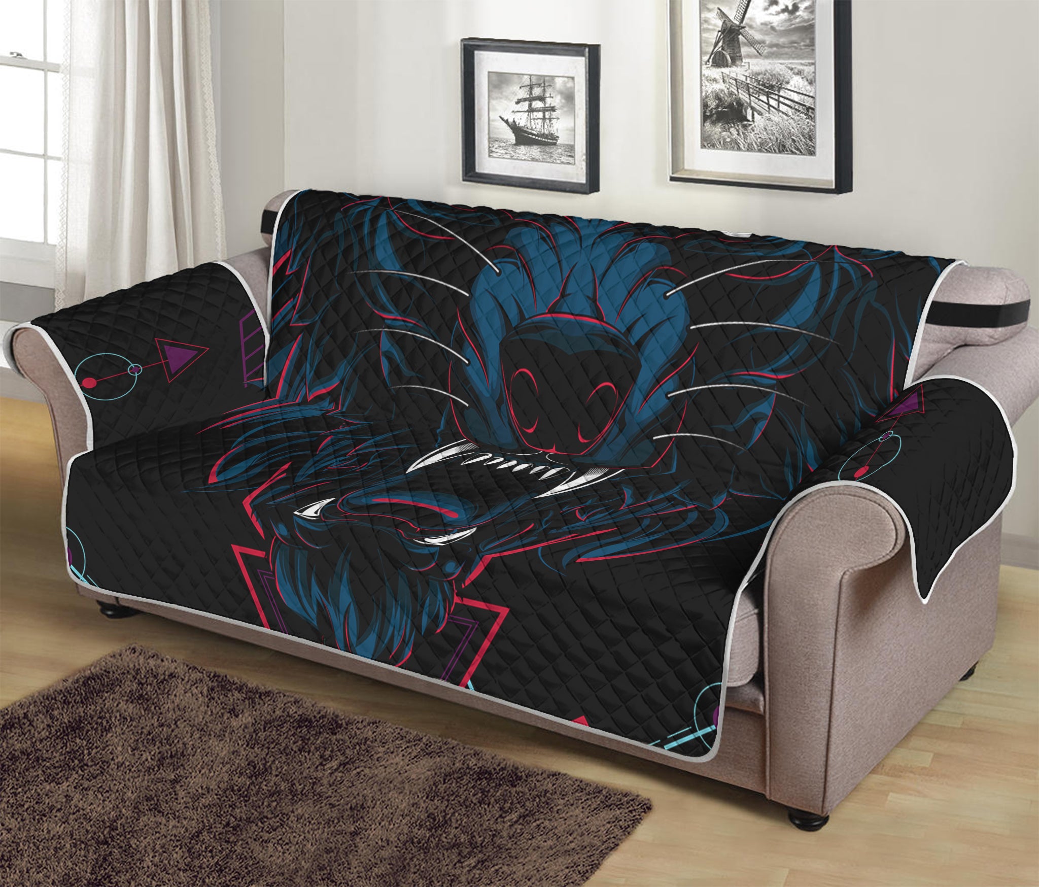 Dark Geometric Wolf Print Sofa Protector