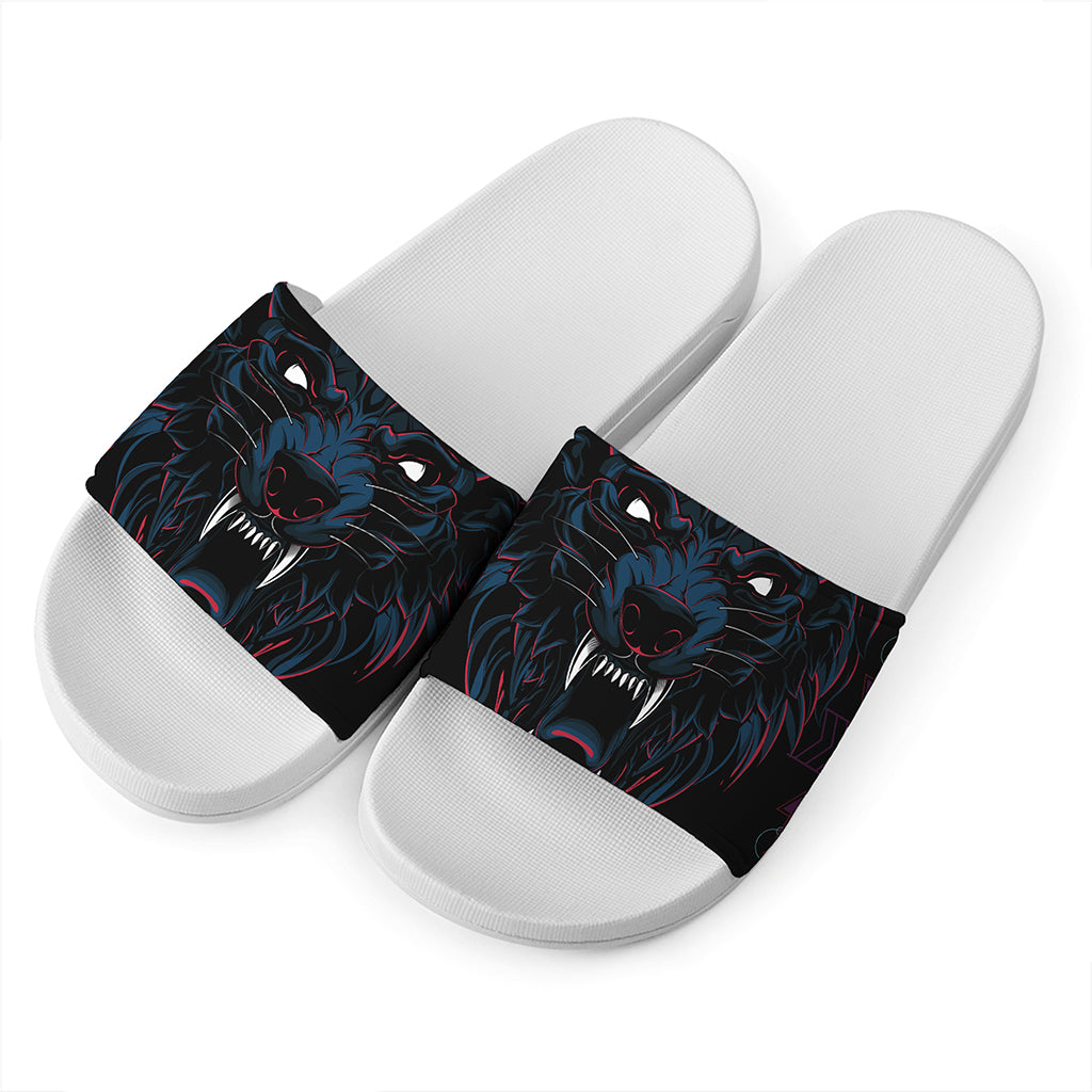 Dark Geometric Wolf Print White Slide Sandals