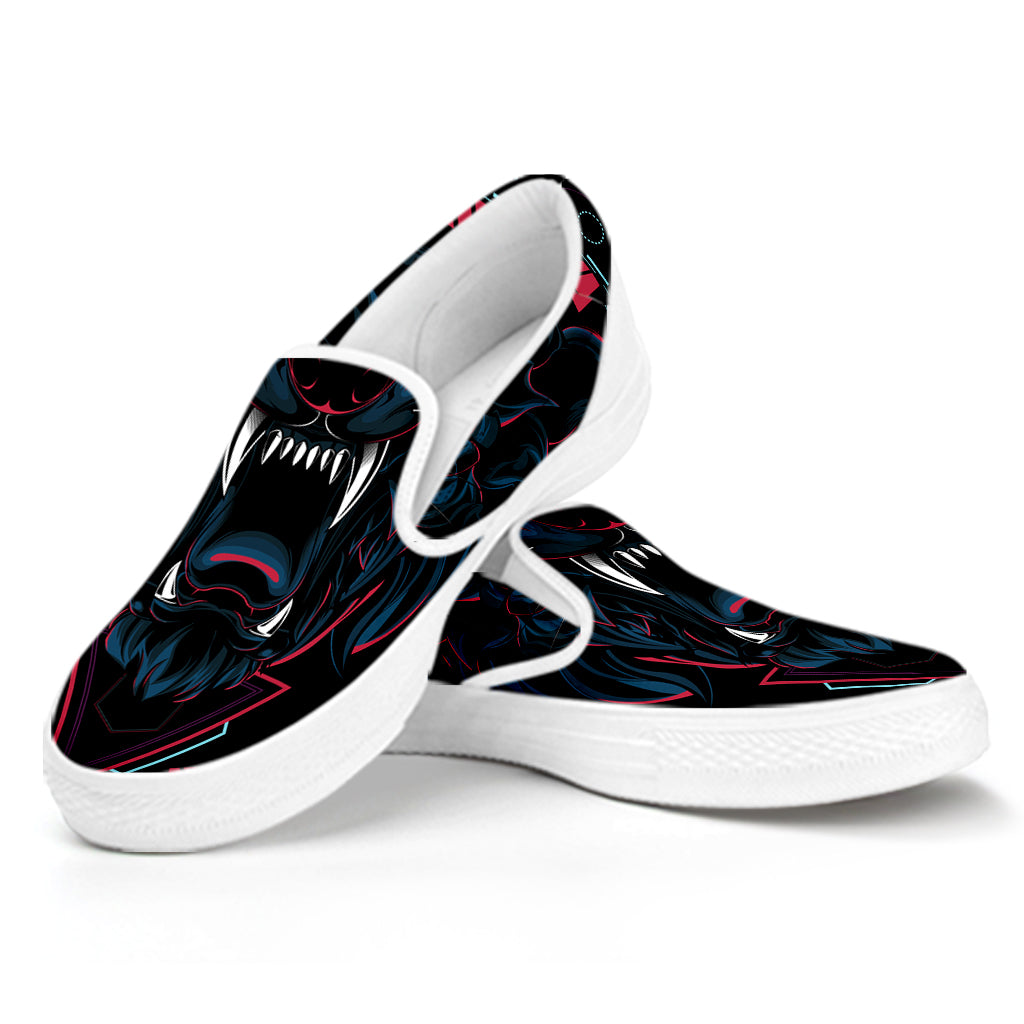 Dark Geometric Wolf Print White Slip On Shoes