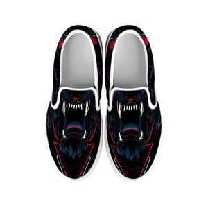 Dark Geometric Wolf Print White Slip On Shoes