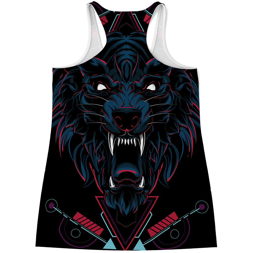 Dark Geometric Wolf Print Women's Racerback Tank Top