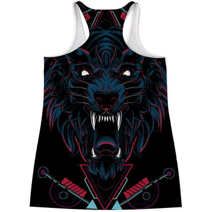 Dark Geometric Wolf Print Women's Racerback Tank Top