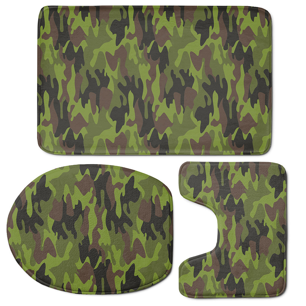 Dark Green And Black Camouflage Print 3 Piece Bath Mat Set