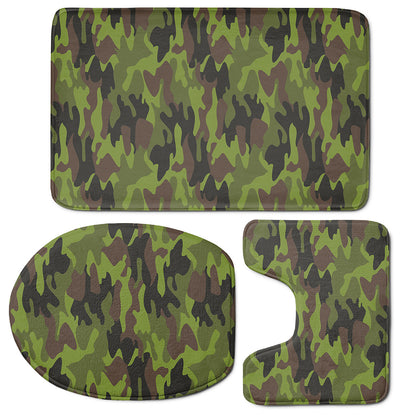 Dark Green And Black Camouflage Print 3 Piece Bath Mat Set