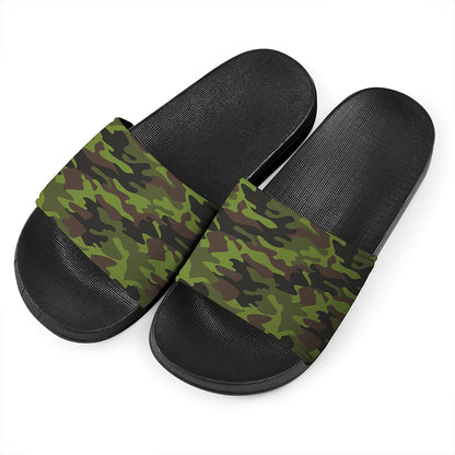 Dark Green And Black Camouflage Print Black Slide Sandals