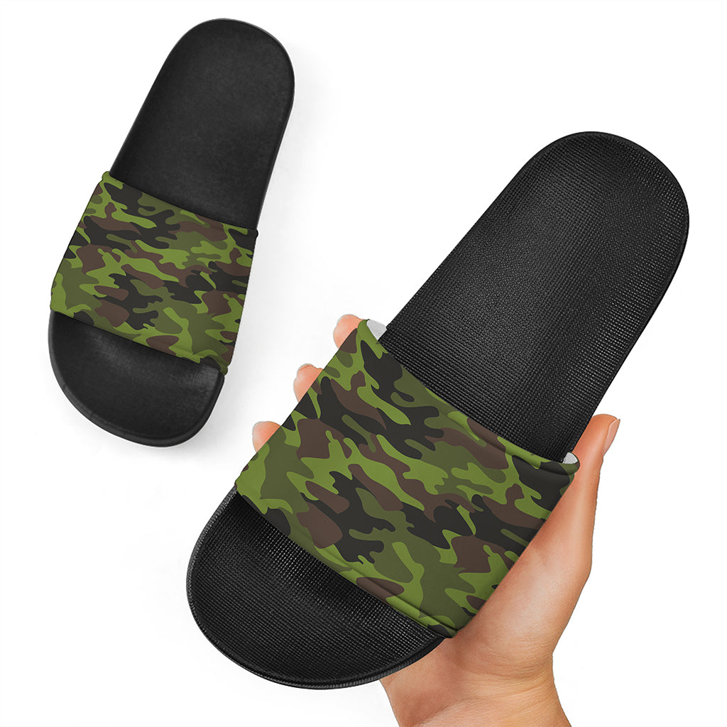 Dark Green And Black Camouflage Print Black Slide Sandals