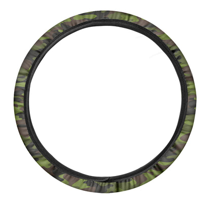 Dark Green And Black Camouflage Print Car Steering Wheel Cover