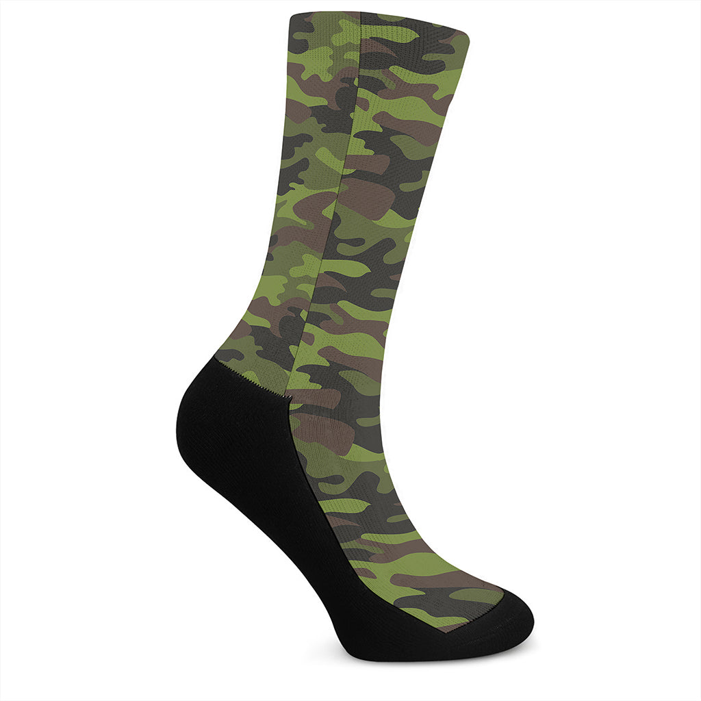 Dark Green And Black Camouflage Print Crew Socks